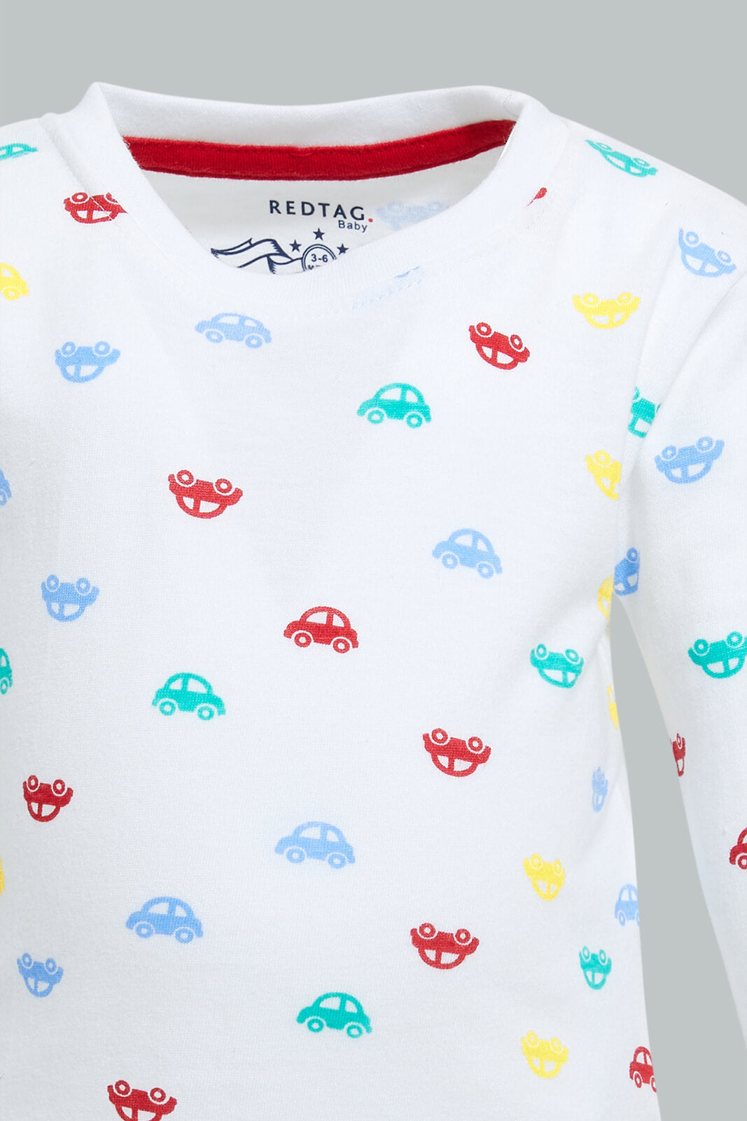 Redtag-White-Car-Printed-Long-Sleeve-T-Shirt-Long-Sleeves-Infant-Boys-3 to 24 Months