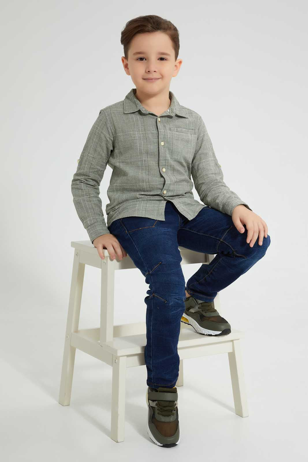 Redtag-Olive-Check-Linen-Feel-Long-Sleeve-Shirt-Casual-Shirts-Boys-2 to 8 Years
