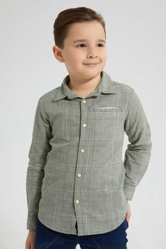 Redtag-Olive-Check-Linen-Feel-Long-Sleeve-Shirt-Casual-Shirts-Boys-2 to 8 Years