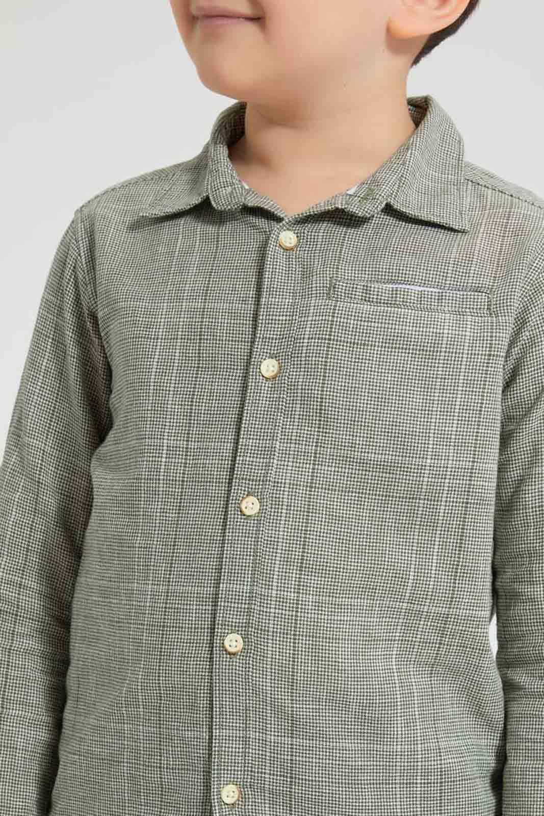Redtag-Olive-Check-Linen-Feel-Long-Sleeve-Shirt-Casual-Shirts-Boys-2 to 8 Years