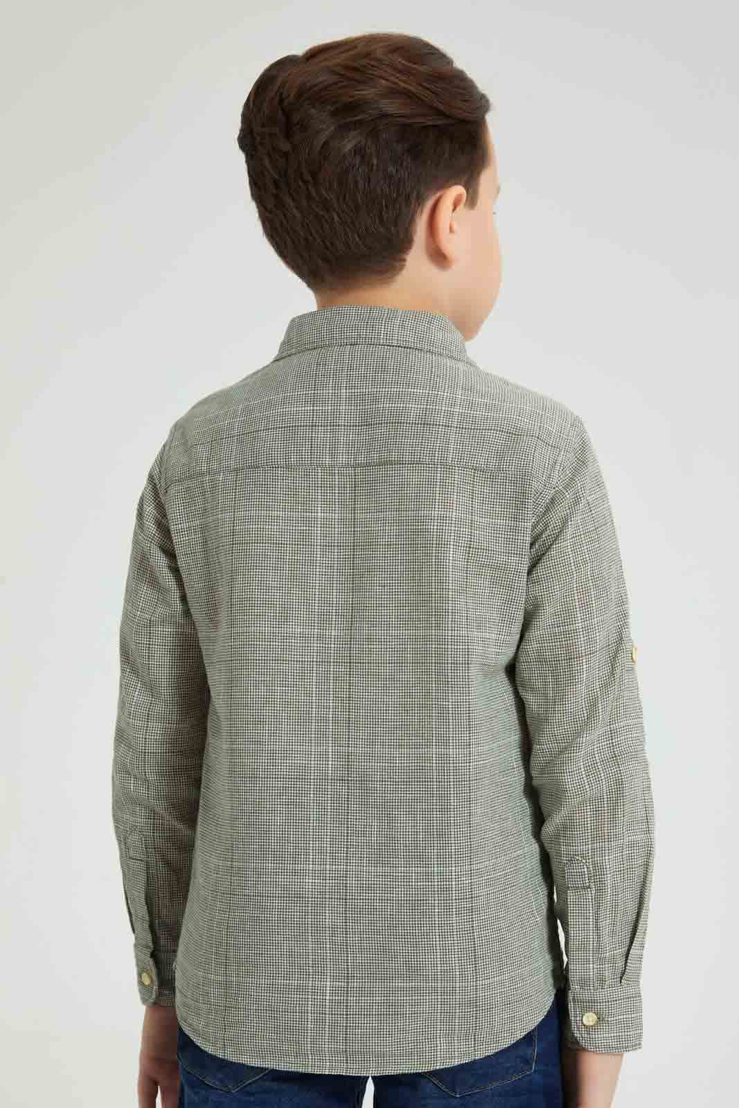 Redtag-Olive-Check-Linen-Feel-Long-Sleeve-Shirt-Casual-Shirts-Boys-2 to 8 Years