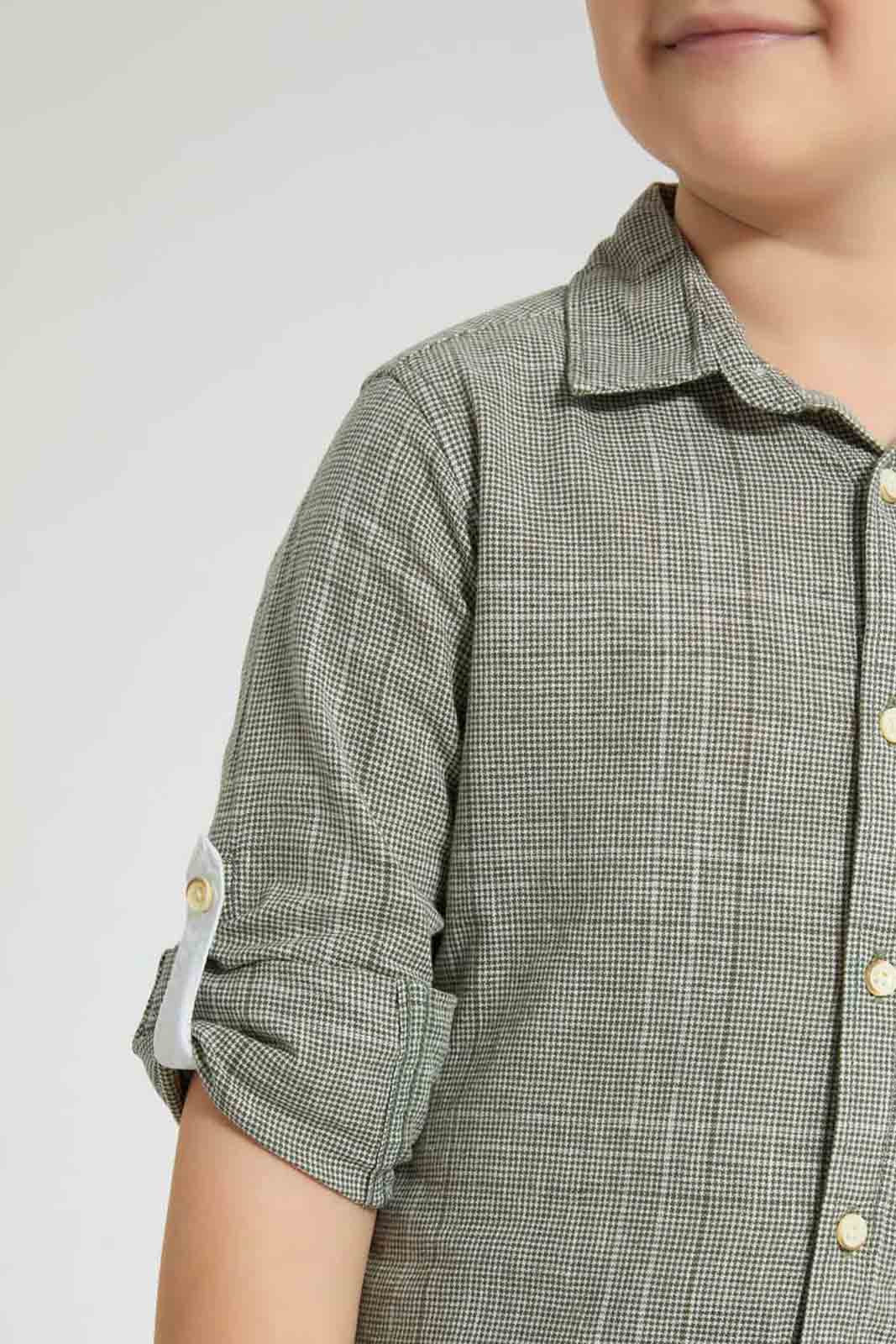 Redtag-Olive-Check-Linen-Feel-Long-Sleeve-Shirt-Casual-Shirts-Boys-2 to 8 Years