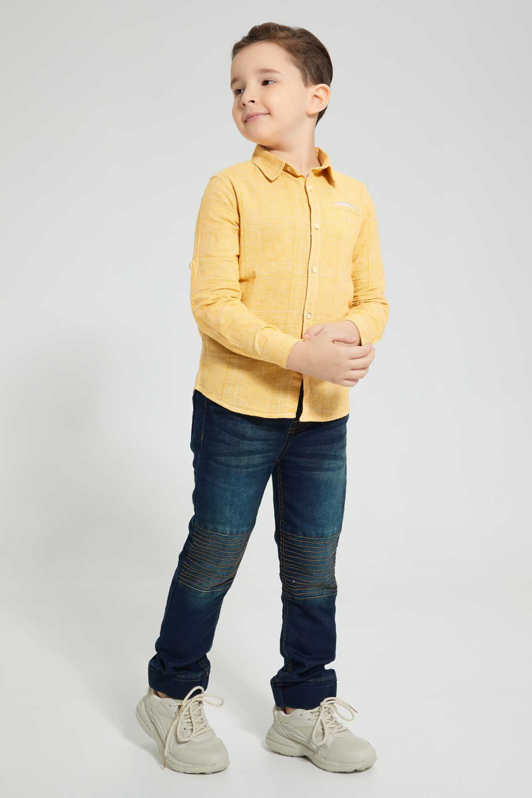 Redtag-Yellow-Check-Linen-Feel-Long-Sleeve-Shirt-Casual-Shirts-Boys-2 to 8 Years