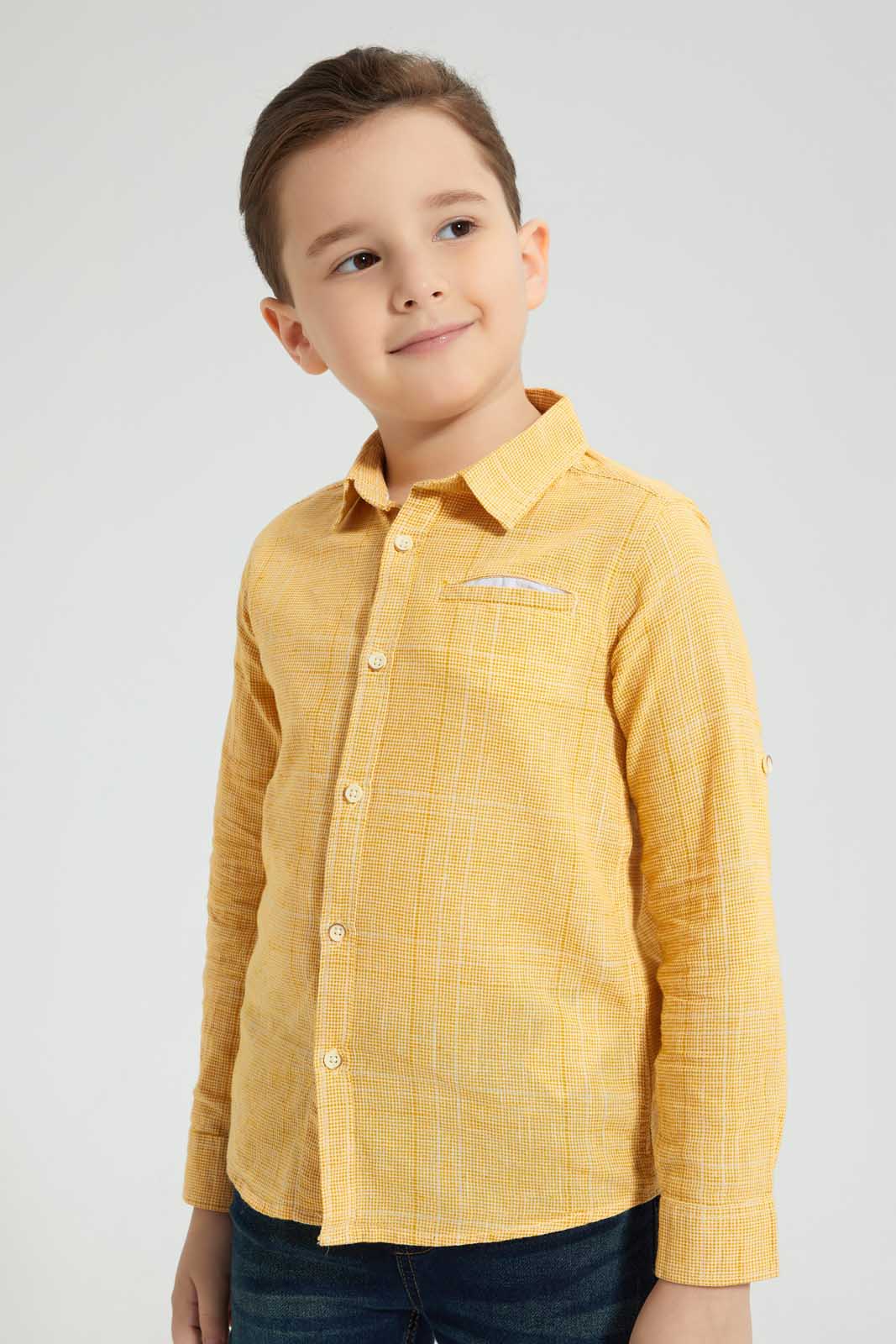 Redtag-Yellow-Check-Linen-Feel-Long-Sleeve-Shirt-Casual-Shirts-Boys-2 to 8 Years