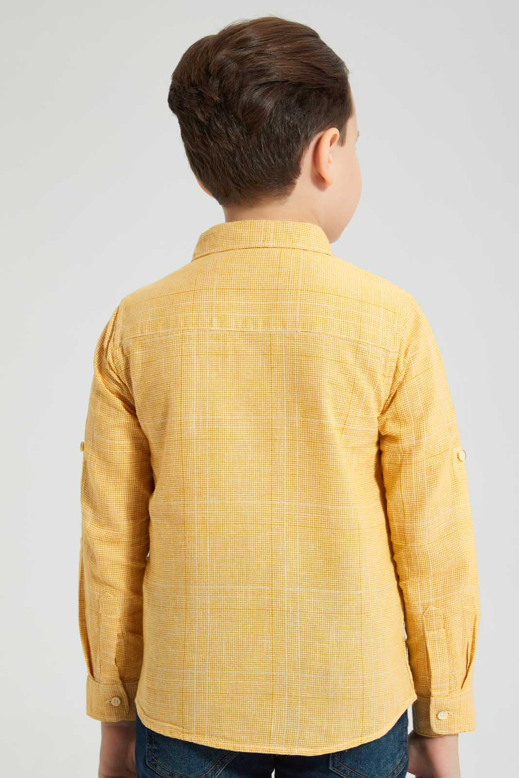 Redtag-Yellow-Check-Linen-Feel-Long-Sleeve-Shirt-Casual-Shirts-Boys-2 to 8 Years