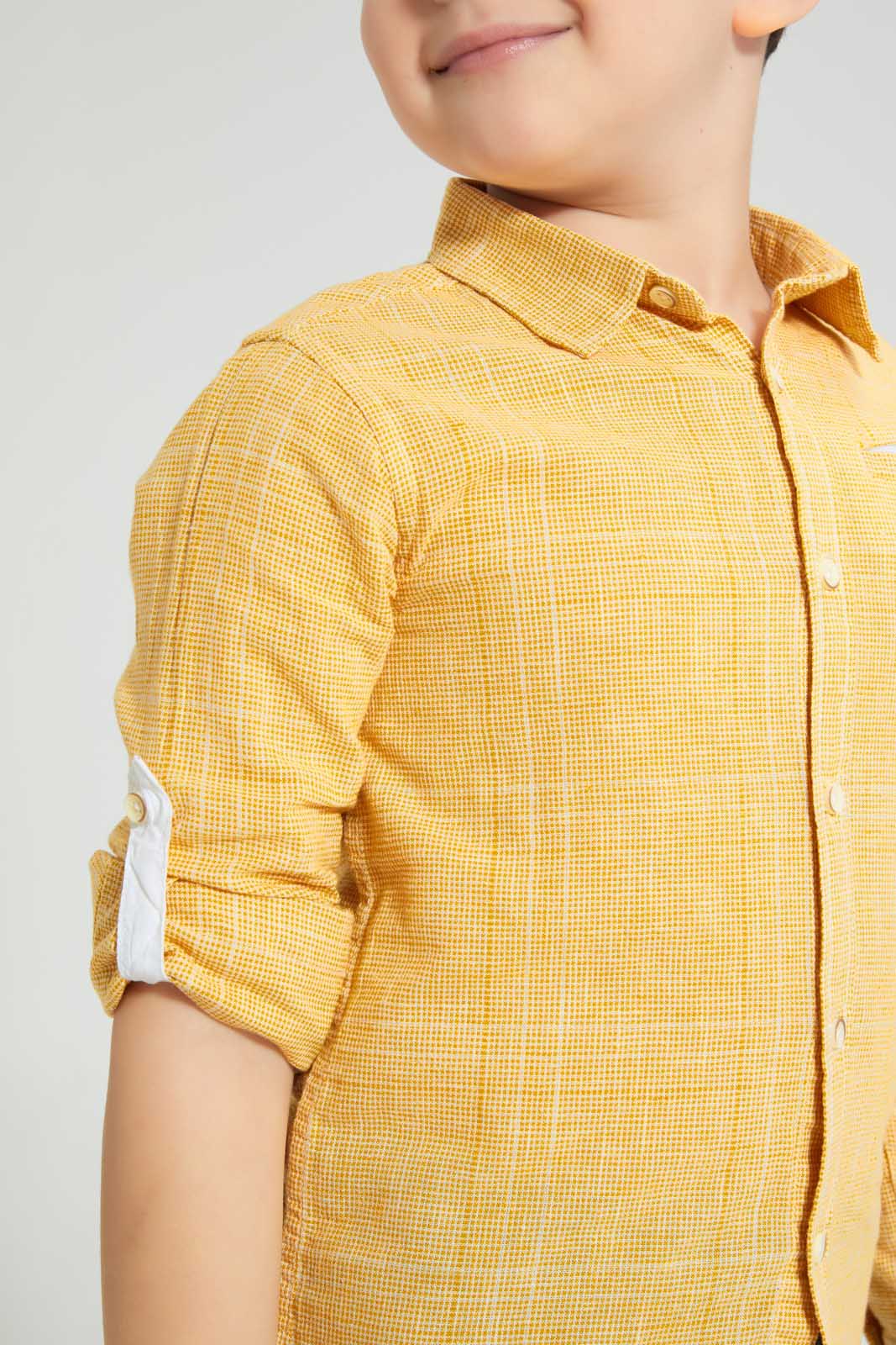 Redtag-Yellow-Check-Linen-Feel-Long-Sleeve-Shirt-Casual-Shirts-Boys-2 to 8 Years