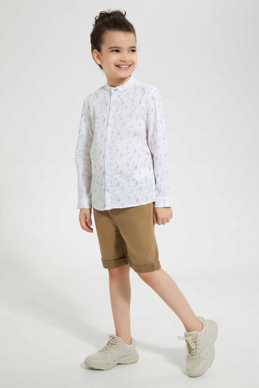 Redtag-White-Robot-Print-Mandarin-Shirt-Casual-Shirts-Boys-2 to 8 Years