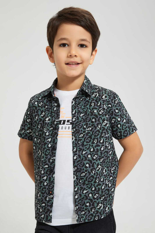 Redtag-Black-Short-Sleeve-Print-Shirt-And-T-Shirt-Set-Casual-Shirts-Boys-2 to 8 Years
