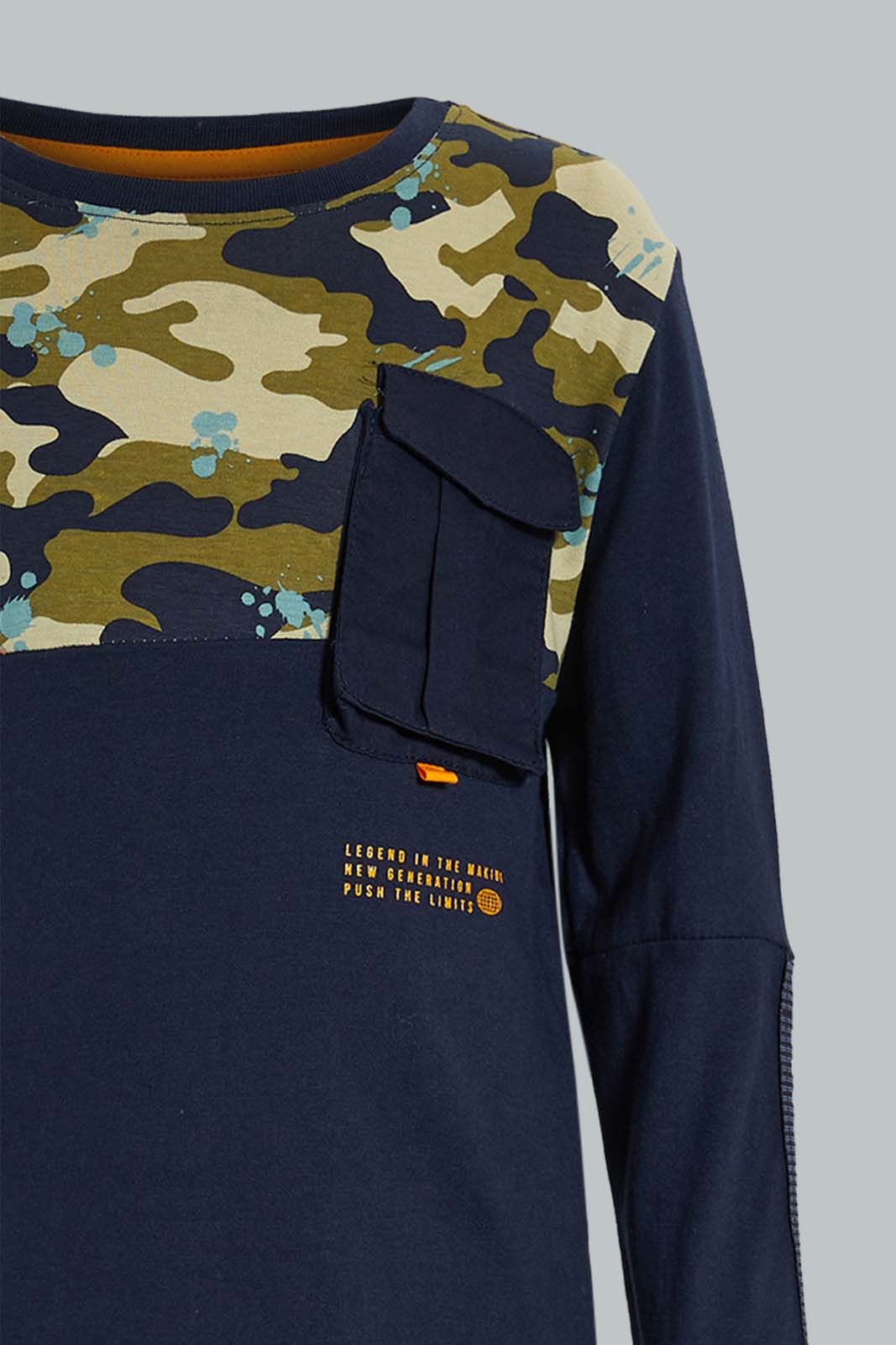Redtag-Navy-Panelled-Print-Longsleeve-T-Shirt-Embellished-Boys-2 to 8 Years
