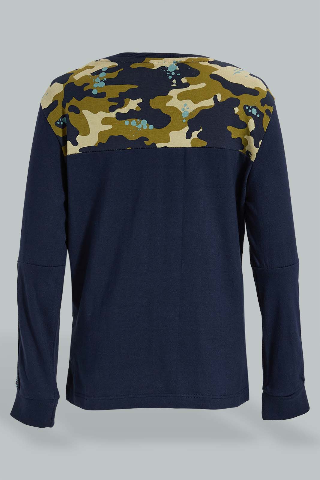 Redtag-Navy-Panelled-Print-Longsleeve-T-Shirt-Embellished-Boys-2 to 8 Years