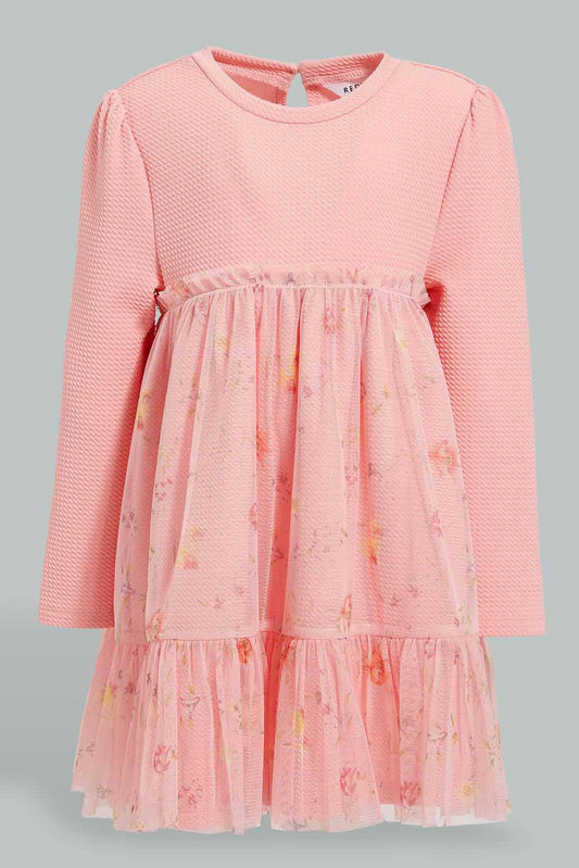 Redtag-Pink-Mesh-Dress-With-Knit-Top-Dresses-Infant-Girls-3 to 24 Months