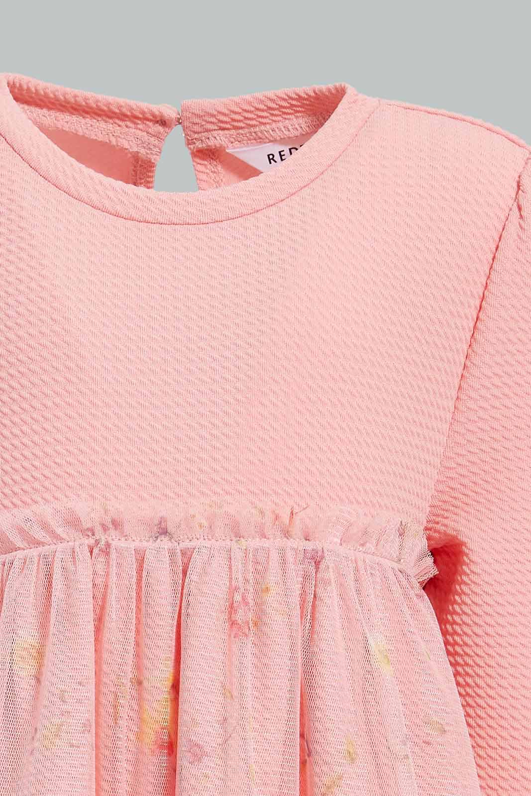 Redtag-Pink-Mesh-Dress-With-Knit-Top-Dresses-Infant-Girls-3 to 24 Months