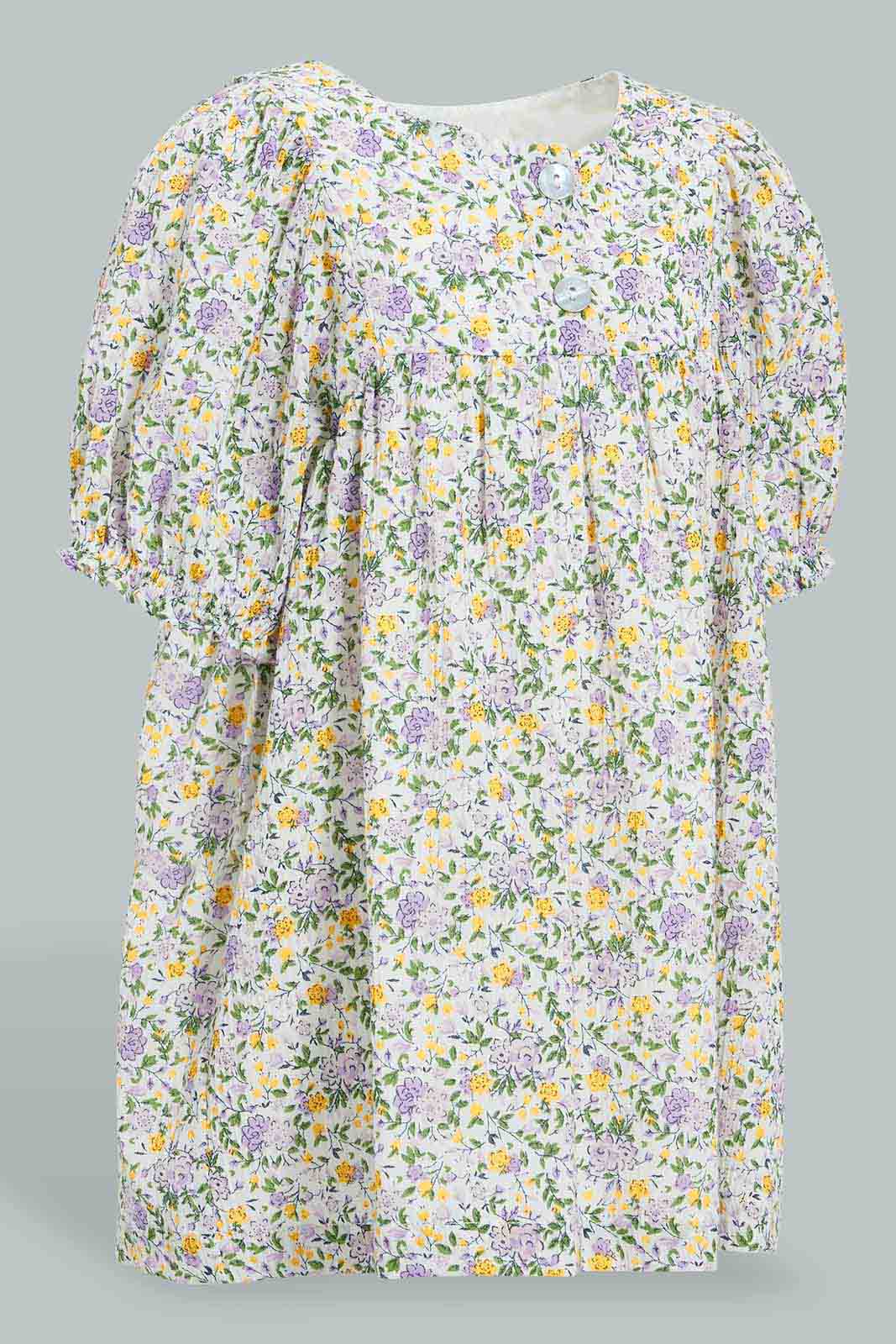 Redtag-Multi-Print-Crinckled-Dress-With-Front-Button-Details-Dresses-Infant-Girls-3 to 24 Months