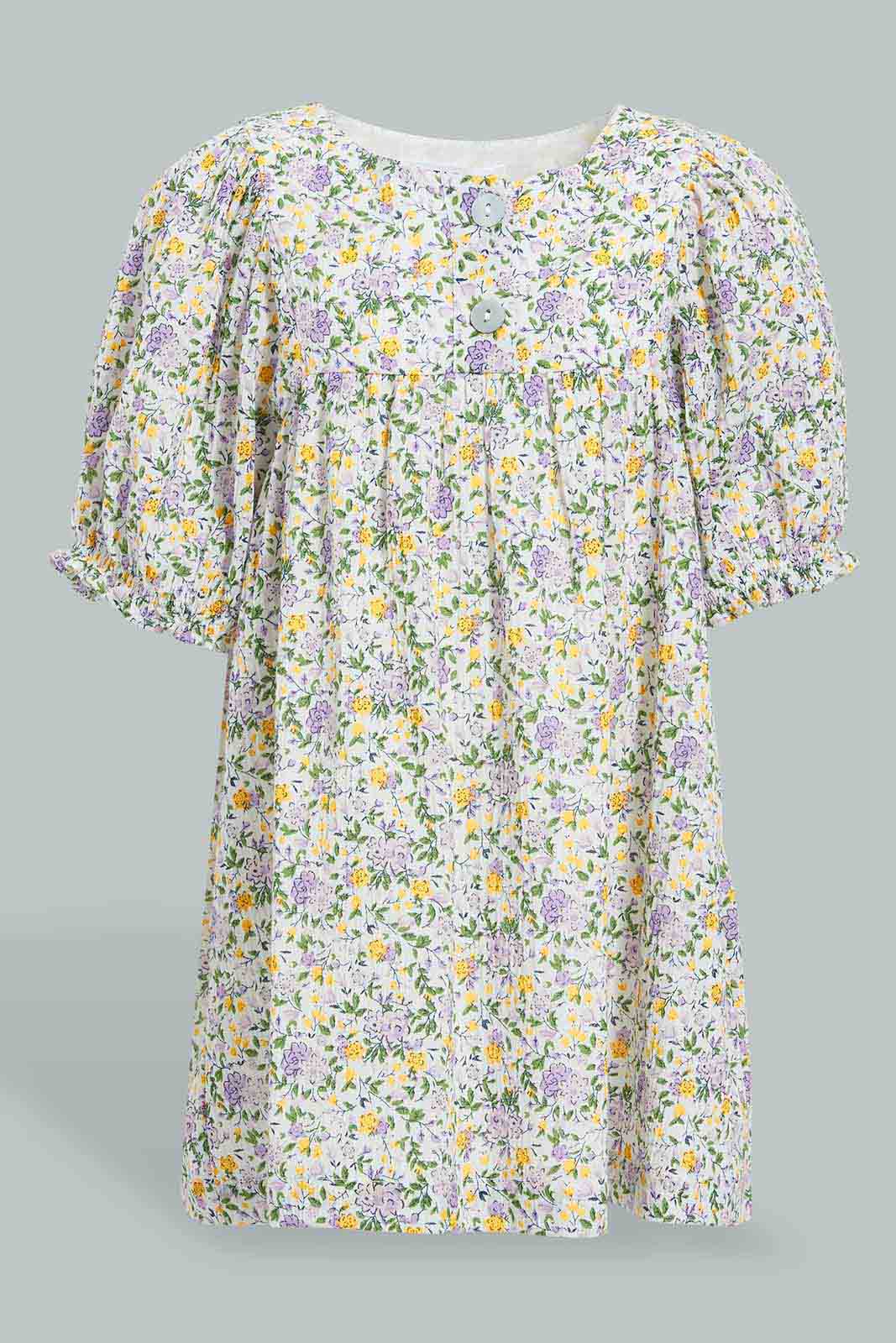 Redtag-Multi-Print-Crinckled-Dress-With-Front-Button-Details-Dresses-Infant-Girls-3 to 24 Months