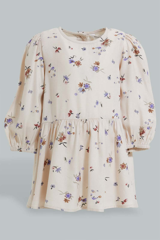 Redtag-Beige-Aop-Dress-With-Front-Button-Details-Dresses-Infant-Girls-3 to 24 Months