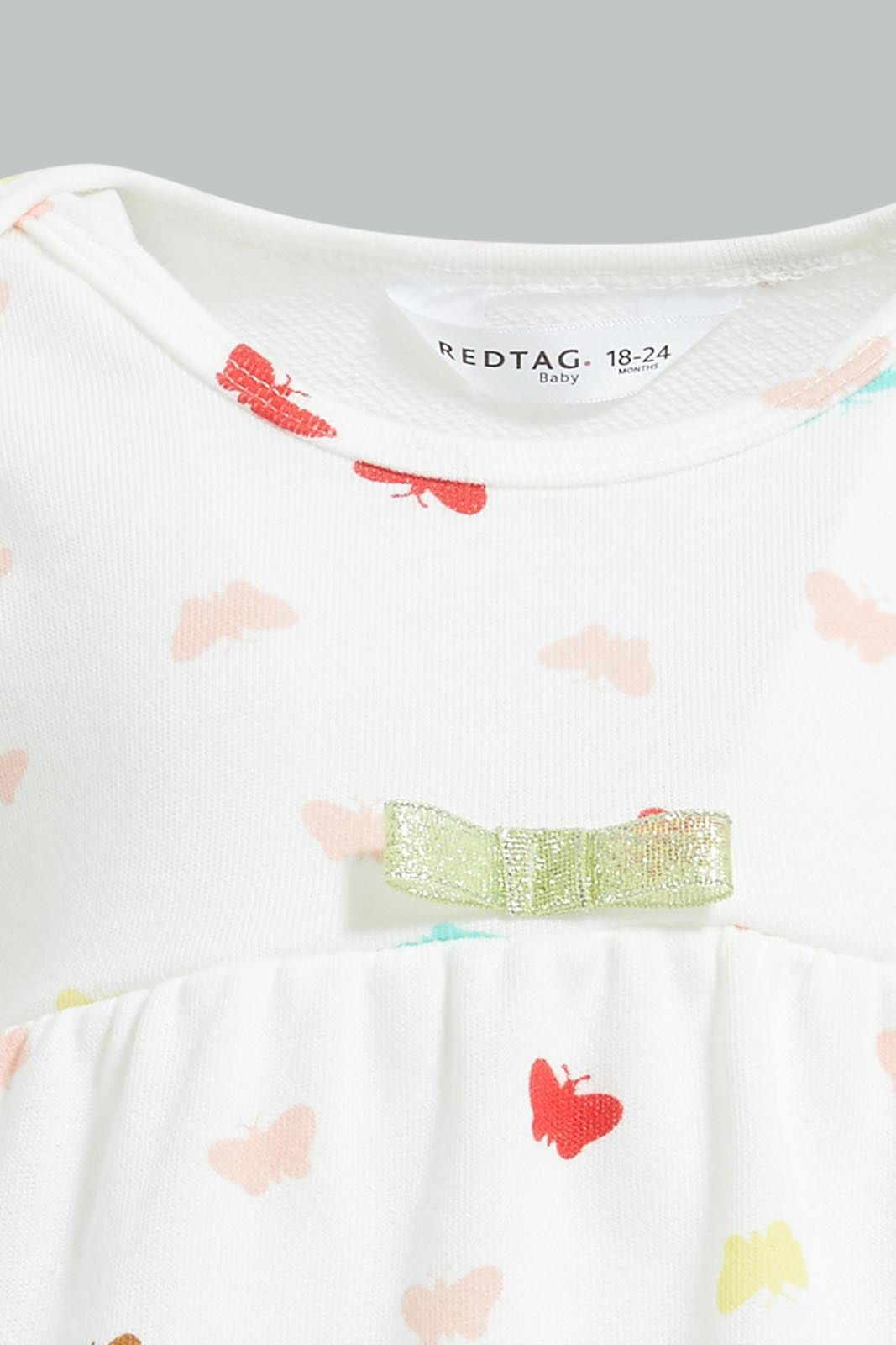Redtag-White-Printed-Jacquard-Dress-With-Bow-Details-Colour:White,-Filter:Infant-Girls-(3-to-24-Mths),-Infant-Girls-Dresses,-New-In,-New-In-ING,-Non-Sale,-S22B,-Section:Kidswear-Infant-Girls-3 to 24 Months