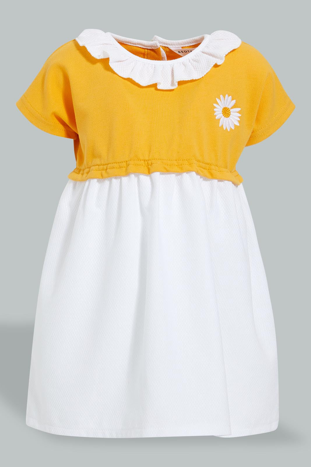 Redtag-Yellow-Frill-Collar-Terry-Top-Dress-Dresses-Infant-Girls-3 to 24 Months
