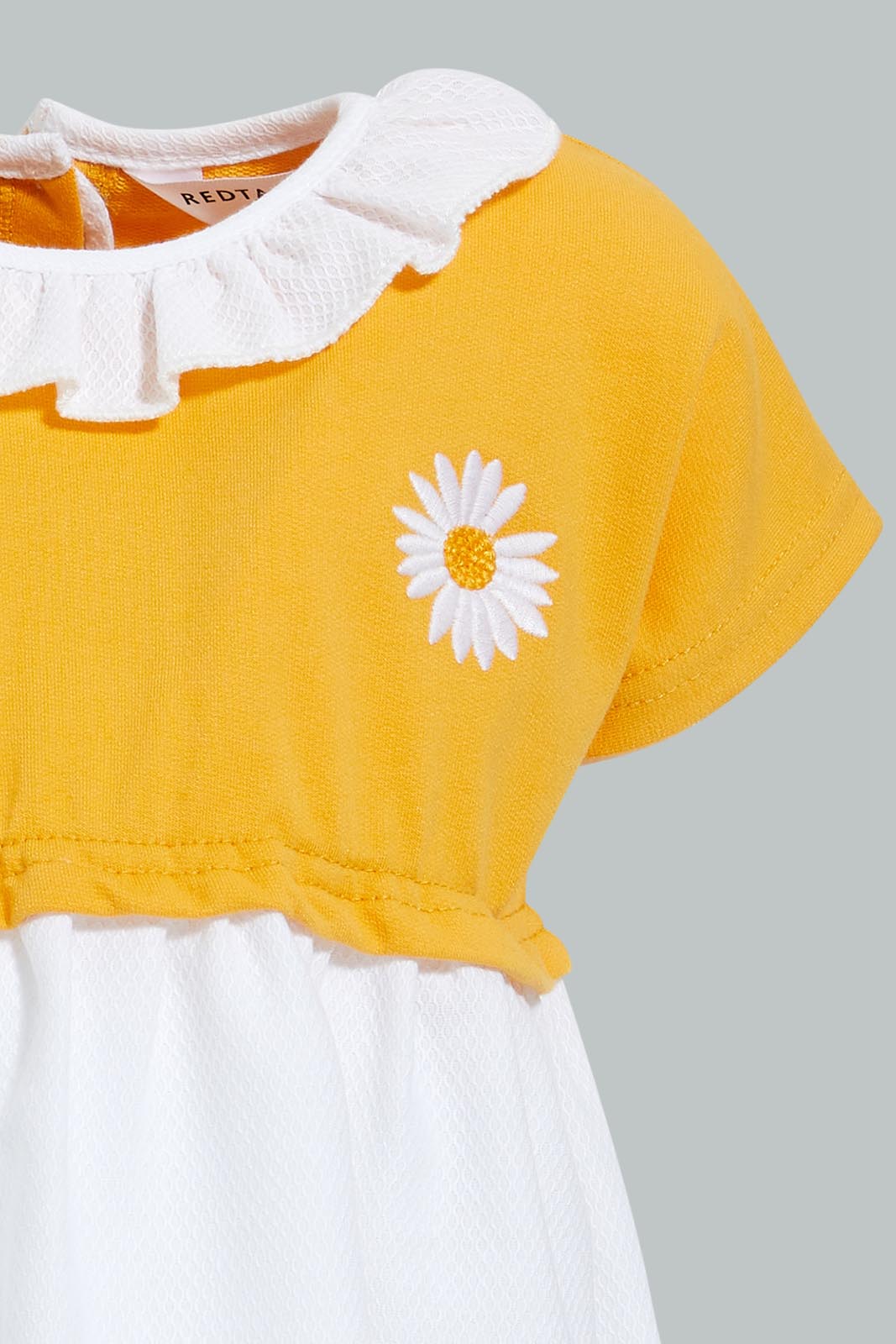 Redtag-Yellow-Frill-Collar-Terry-Top-Dress-Dresses-Infant-Girls-3 to 24 Months