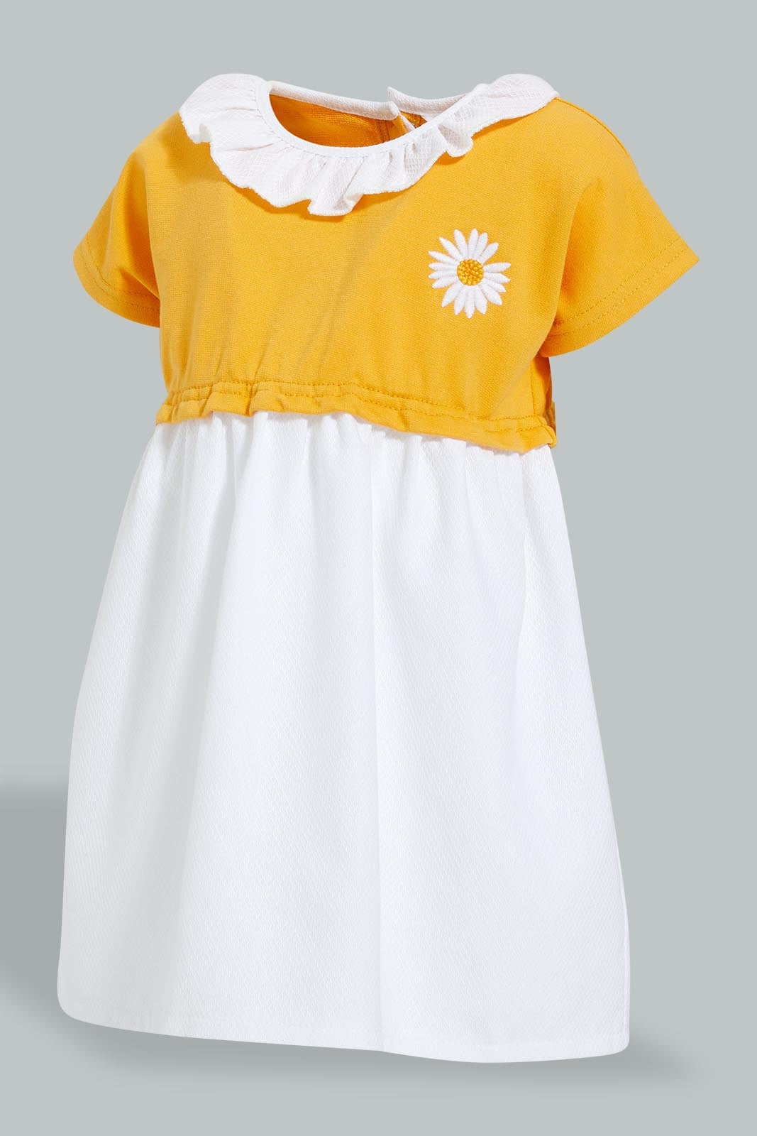 Redtag-Yellow-Frill-Collar-Terry-Top-Dress-Dresses-Infant-Girls-3 to 24 Months