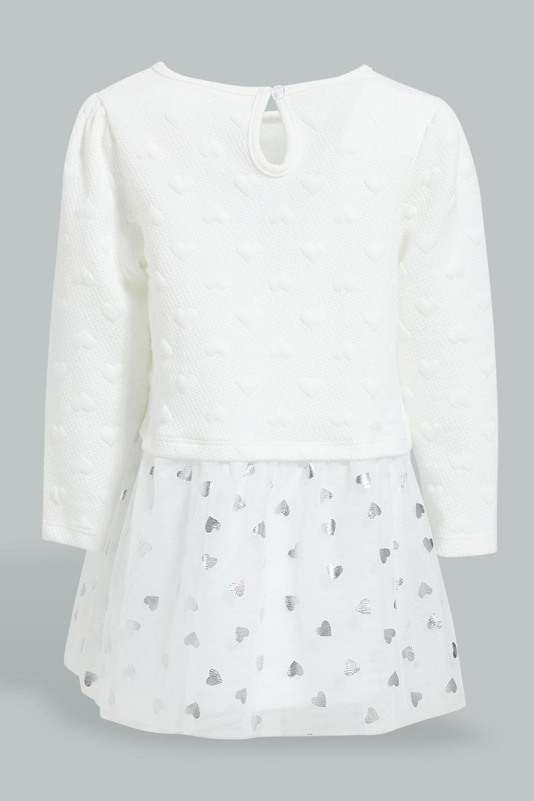 Redtag-White-Quilted-Dress-With-Mesh-Bottom-Colour:White,-Filter:Infant-Girls-(3-to-24-Mths),-Infant-Girls-Dresses,-New-In,-New-In-ING,-Non-Sale,-S22B,-Section:Kidswear-Infant-Girls-3 to 24 Months