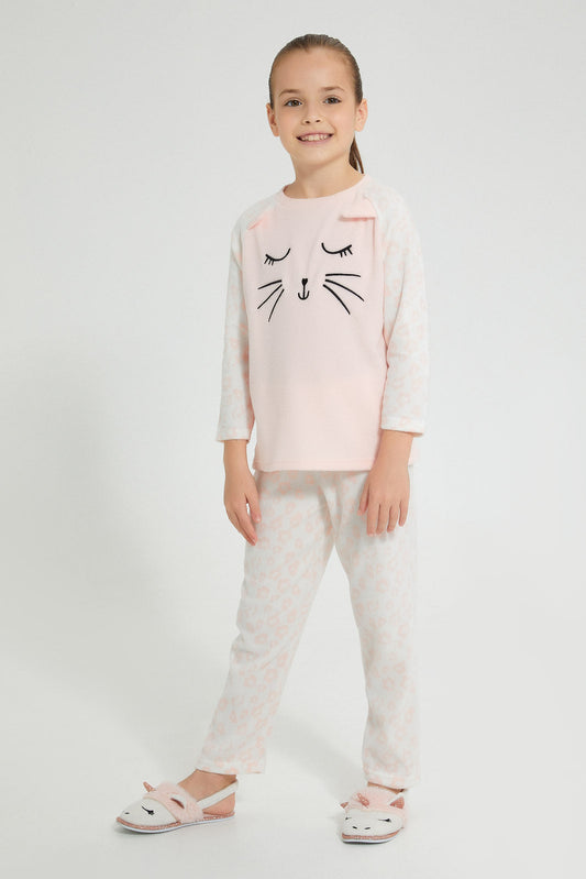 Redtag-Grey-Cat-Face-Embroideredroidered-Nightsuit-Pyjama-Sets-Girls-2 to 8 Years