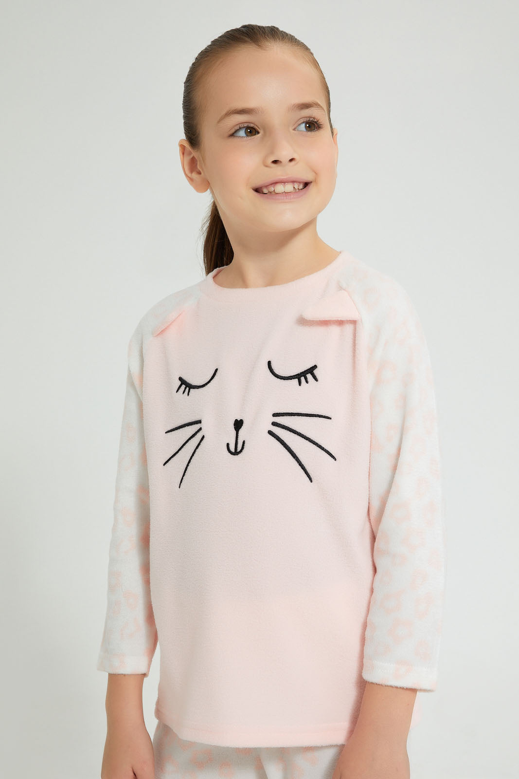 Redtag-Grey-Cat-Face-Embroideredroidered-Nightsuit-Pyjama-Sets-Girls-2 to 8 Years