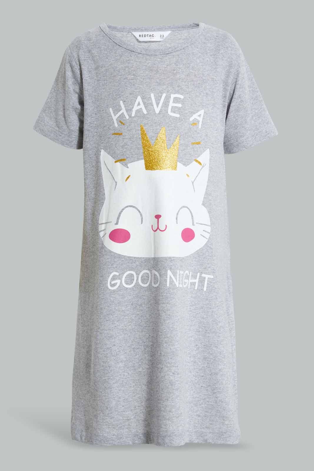 Redtag-Grey-Cat-Print-Basic-Nightshirt-Nightshirts-Girls-2 to 8 Years