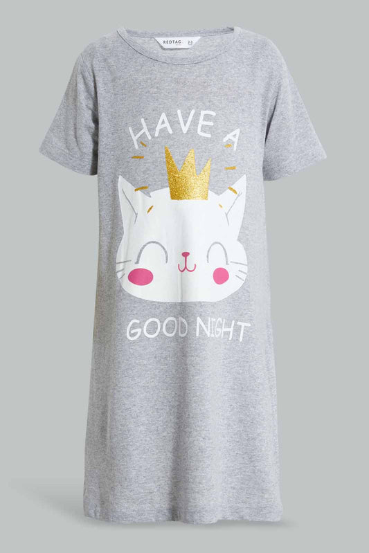Redtag-Grey-Cat-Print-Basic-Nightshirt-Nightshirts-Girls-2 to 8 Years