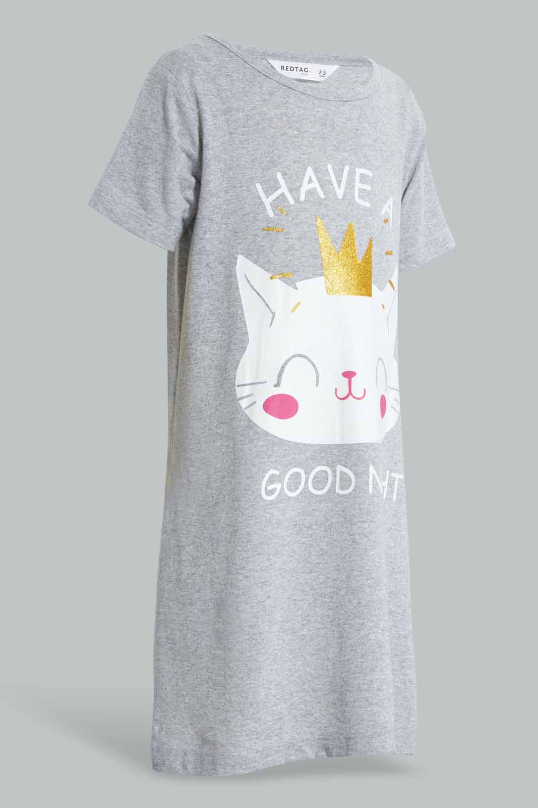 Redtag-Grey-Cat-Print-Basic-Nightshirt-Nightshirts-Girls-2 to 8 Years