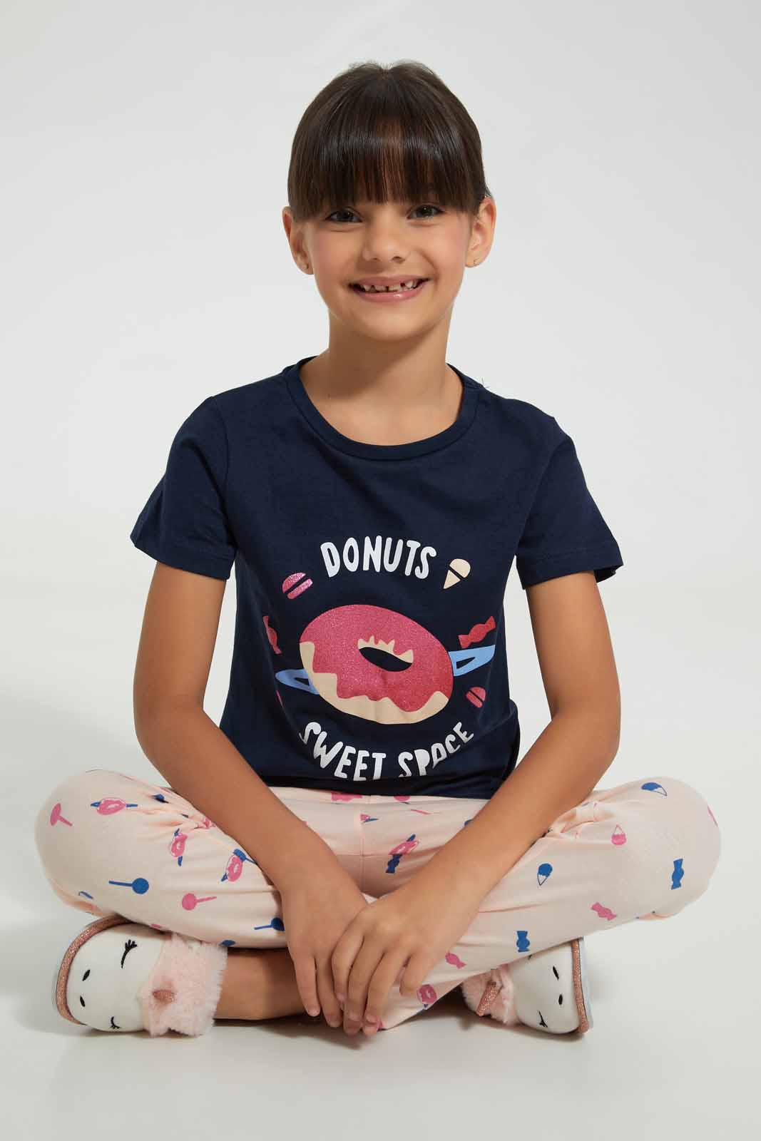 Redtag-Navy-Donut-Print-Basic-Nightsuit-Pyjama-Sets-Girls-2 to 8 Years