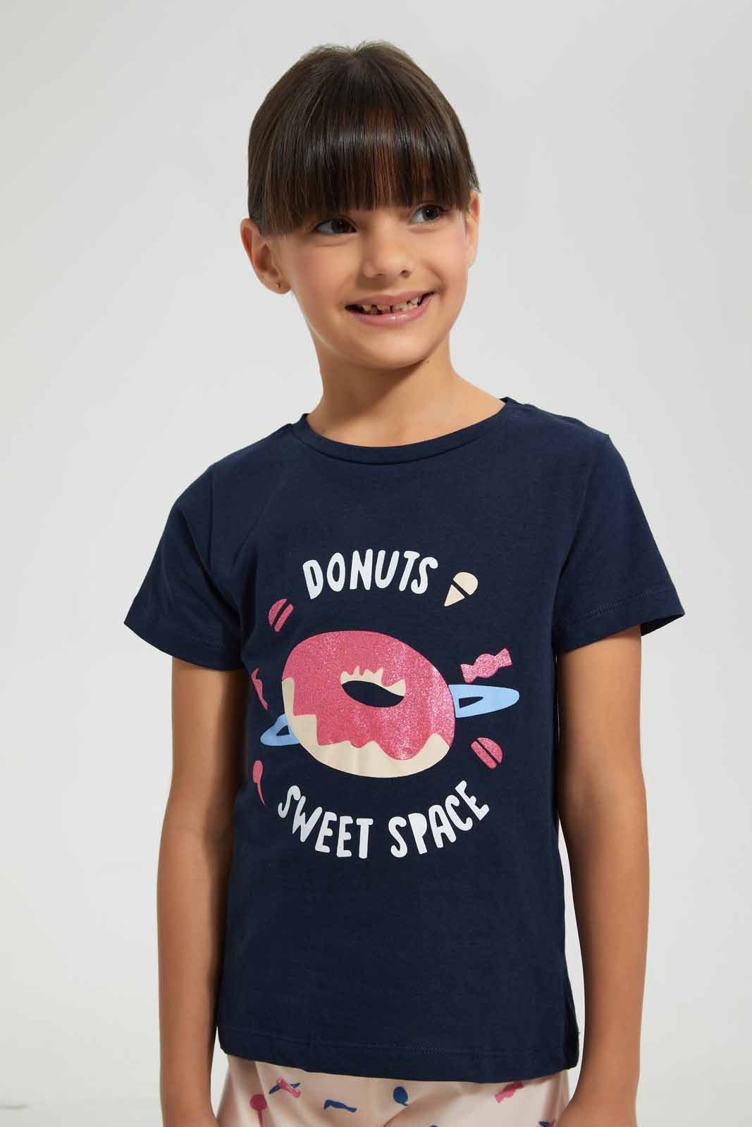 Redtag-Navy-Donut-Print-Basic-Nightsuit-Pyjama-Sets-Girls-2 to 8 Years