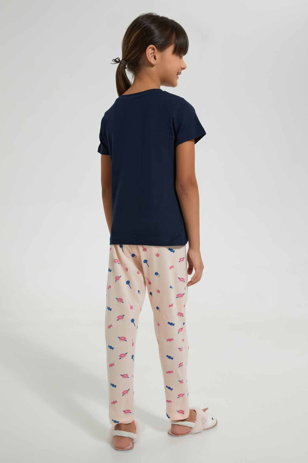Redtag-Navy-Donut-Print-Basic-Nightsuit-Pyjama-Sets-Girls-2 to 8 Years