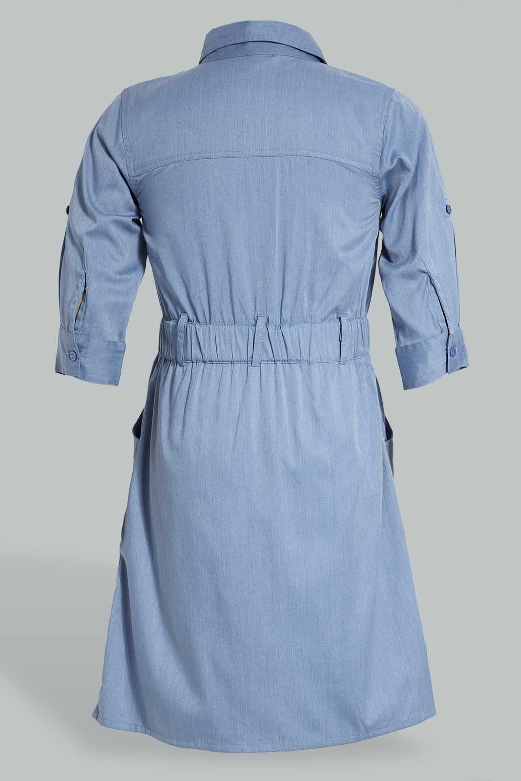 Redtag-Denim-Cargo-Pocket-3/4-Sleeve-Shirt-Dress-Dresses-Senior-Girls-9 to 14 Years