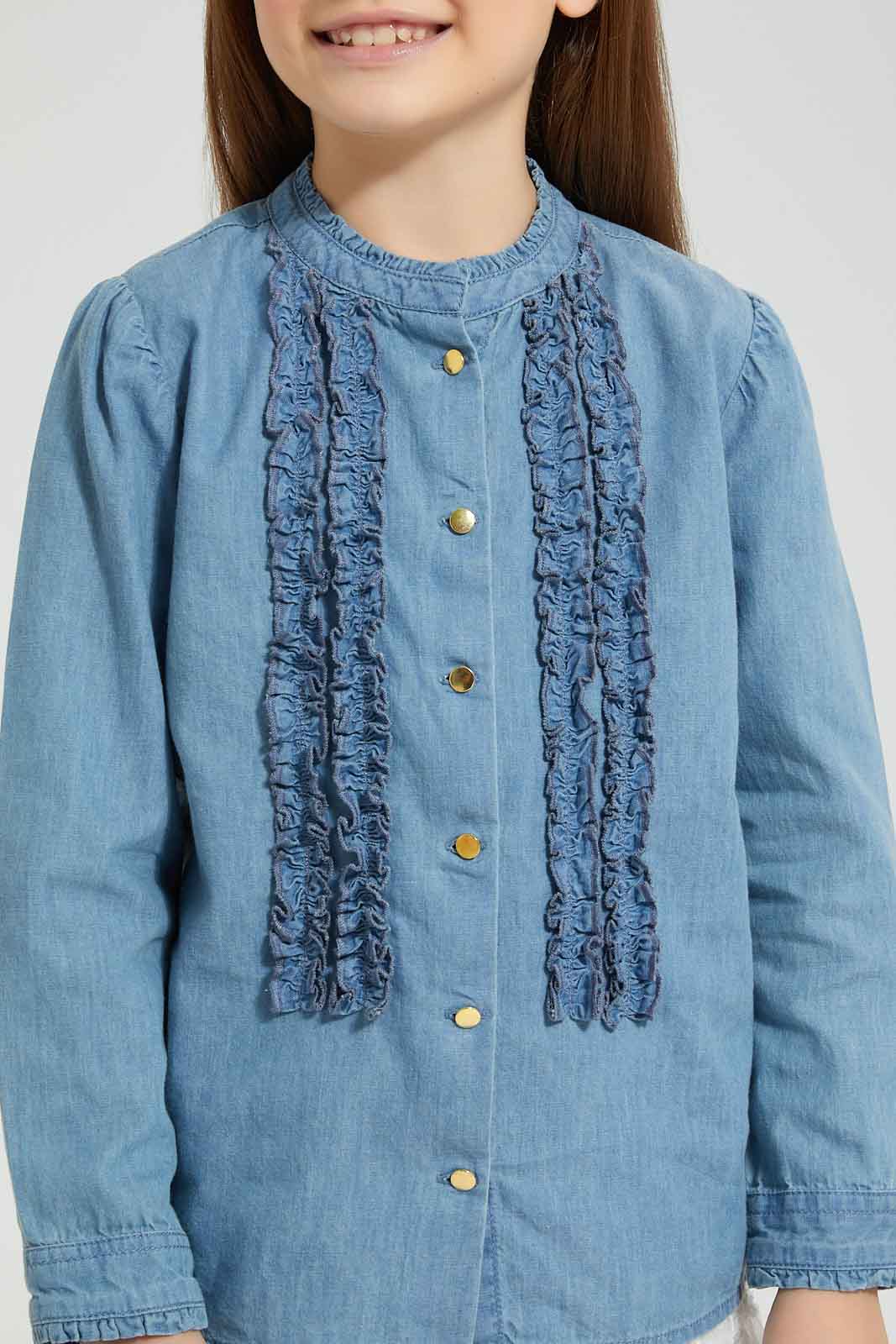 Redtag-Denim-Frill-Front-Blouse-Colour:Denim,-Filter:Girls-(2-to-8-Yrs),-Girls-Blouses,-New-In,-New-In-GIR,-Non-Sale,-S22B,-Section:Kidswear-Girls-2 to 8 Years