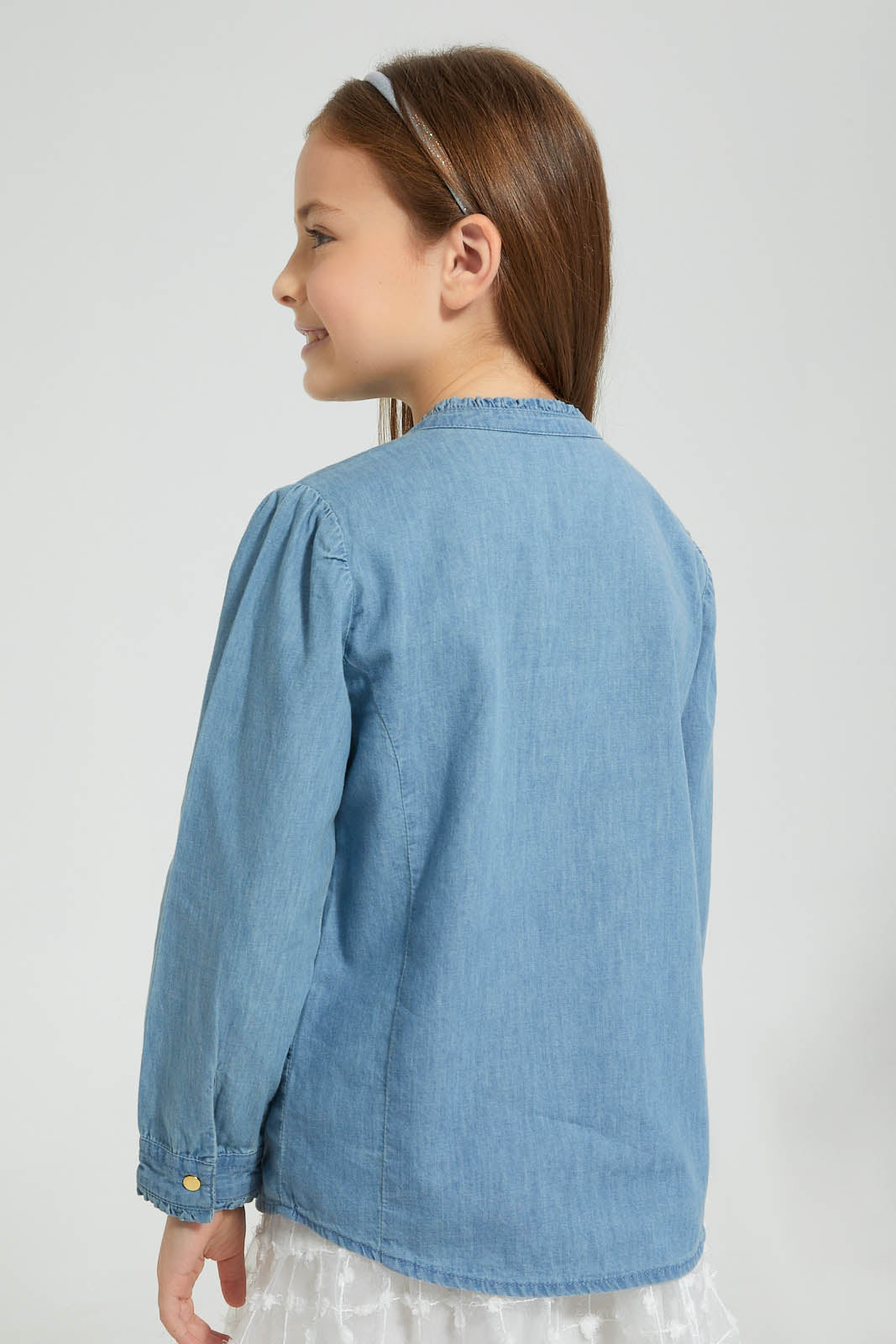 Redtag-Denim-Frill-Front-Blouse-Colour:Denim,-Filter:Girls-(2-to-8-Yrs),-Girls-Blouses,-New-In,-New-In-GIR,-Non-Sale,-S22B,-Section:Kidswear-Girls-2 to 8 Years