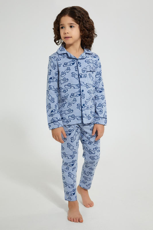 Redtag-Blue-Print-Pyjama-Set-Pyjama-Sets-Boys-2 to 8 Years
