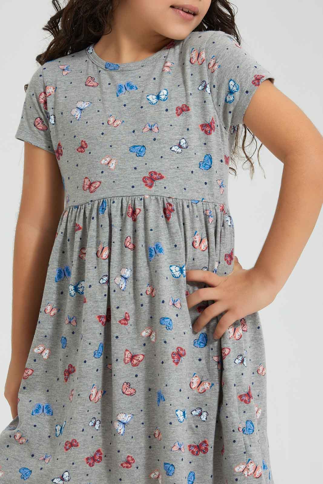 Redtag-Grey-Butterfly-Printed-Knit-Dress-Colour:Grey,-Filter:Girls-(2-to-8-Yrs),-Girls-Dresses,-New-In,-New-In-GIR,-Non-Sale,-PPE,-S22B,-Section:Kidswear-Girls-2 to 8 Years