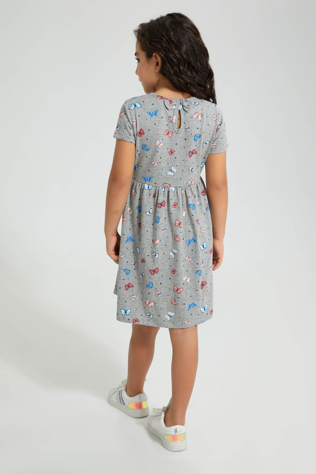 Redtag-Grey-Butterfly-Printed-Knit-Dress-Colour:Grey,-Filter:Girls-(2-to-8-Yrs),-Girls-Dresses,-New-In,-New-In-GIR,-Non-Sale,-PPE,-S22B,-Section:Kidswear-Girls-2 to 8 Years