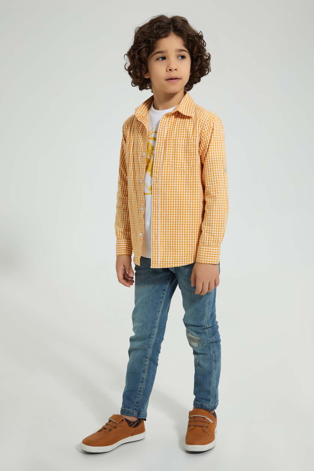 Redtag-Yellow-Check-Shirt-And-T-Shirt-Set-Casual-Shirts-Boys-2 to 8 Years