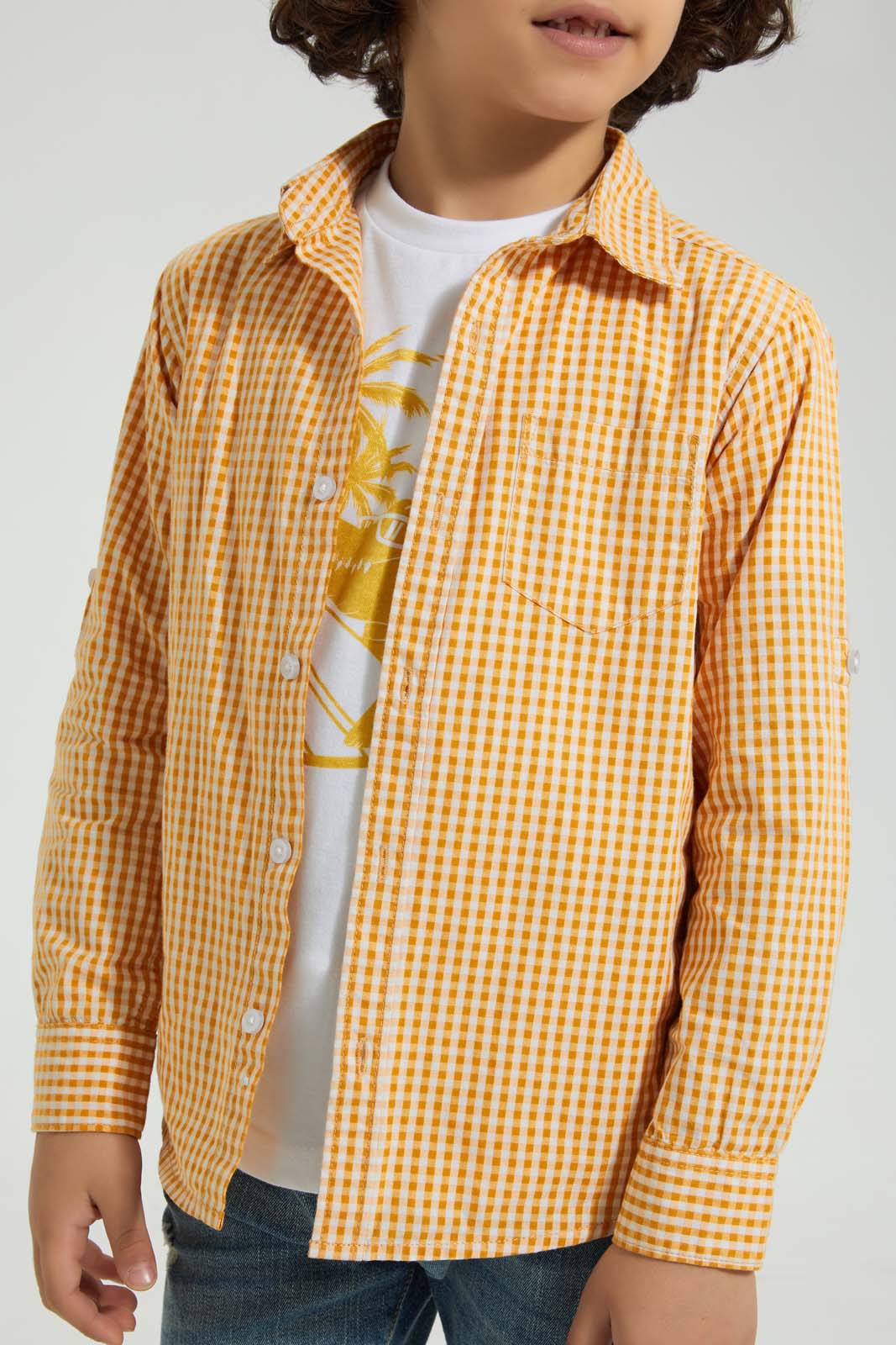 Redtag-Yellow-Check-Shirt-And-T-Shirt-Set-Casual-Shirts-Boys-2 to 8 Years