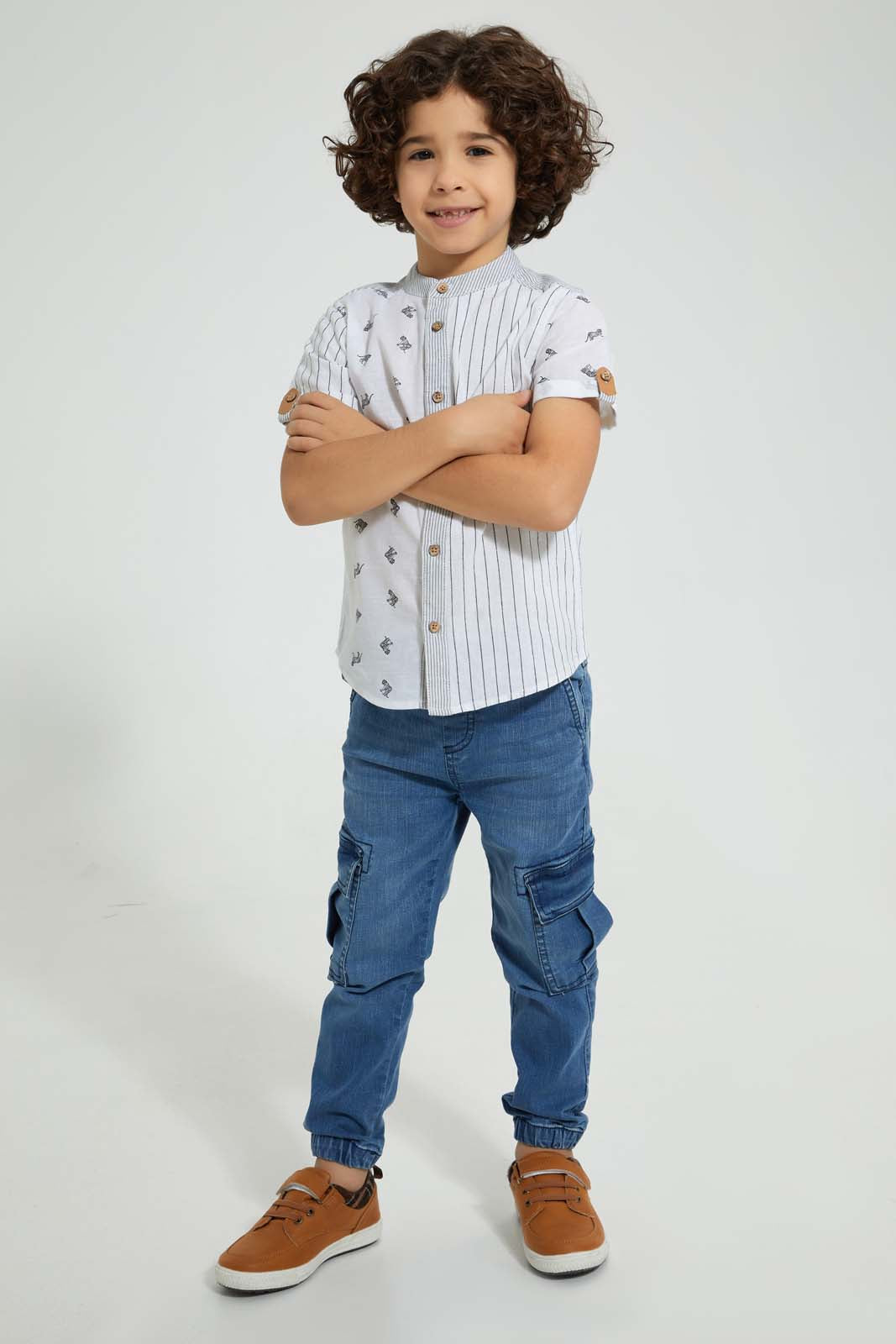 Redtag-White-Tiger-Print--Short-Sleeve-Shirt-Casual-Shirts-Boys-2 to 8 Years