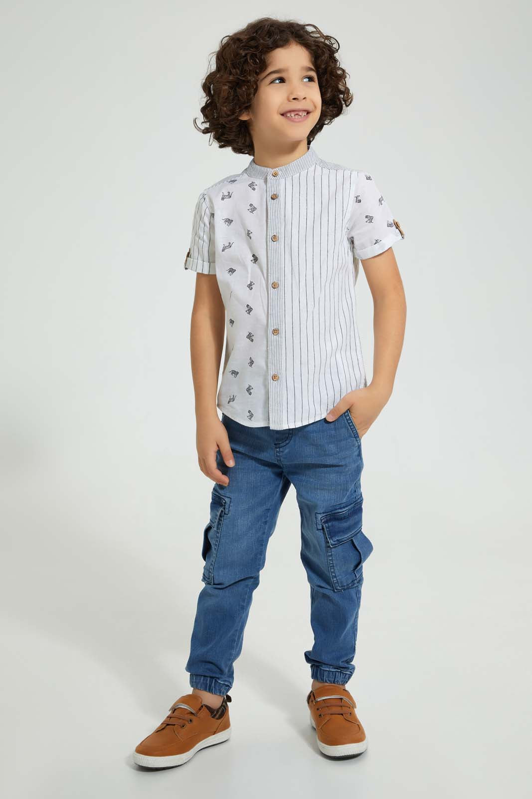 Redtag-White-Tiger-Print--Short-Sleeve-Shirt-Casual-Shirts-Boys-2 to 8 Years