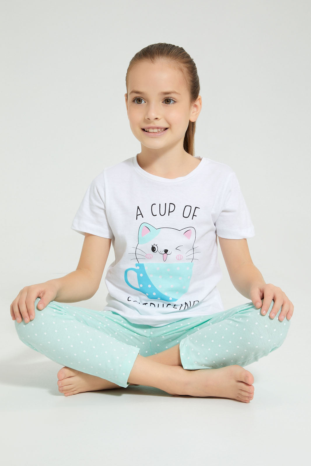 Redtag-Assorted-2Pk-Cat-Printed-Nightsuit-Pyjama-Sets-Girls-2 to 8 Years