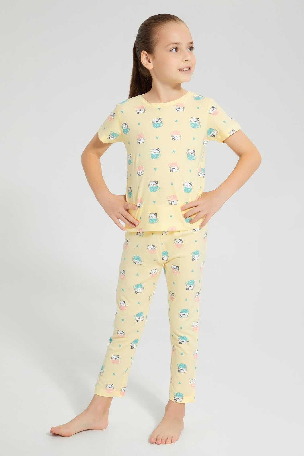 Redtag-Assorted-2Pk-Cat-Printed-Nightsuit-Pyjama-Sets-Girls-2 to 8 Years