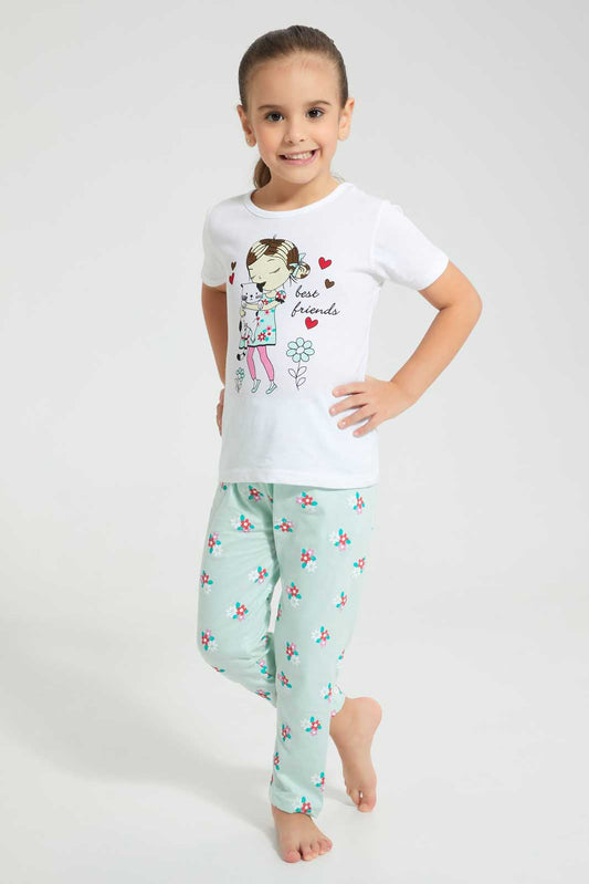 Redtag-White-Aop-Floral-Nightsuit-Pyjama-Sets-Girls-2 to 8 Years