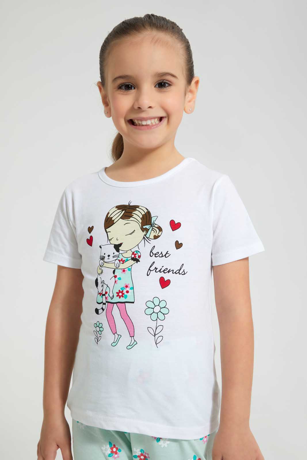 Redtag-White-Aop-Floral-Nightsuit-Pyjama-Sets-Girls-2 to 8 Years