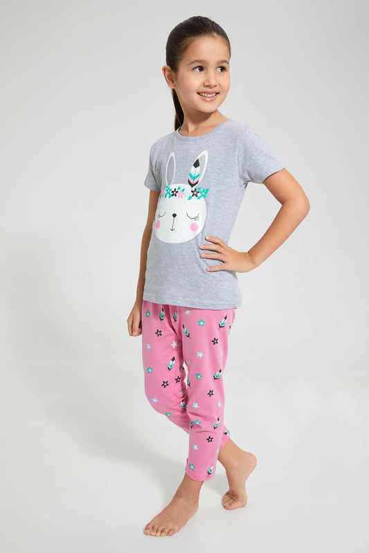 Redtag-Pink-Aop-Girl-Print-Nightsuit-Pyjama-Sets-Girls-2 to 8 Years