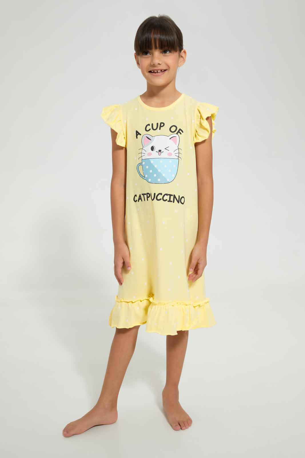 Redtag-Yellow-Aop-Print-Owl-Nightshirt-Nightshirts-Girls-2 to 8 Years