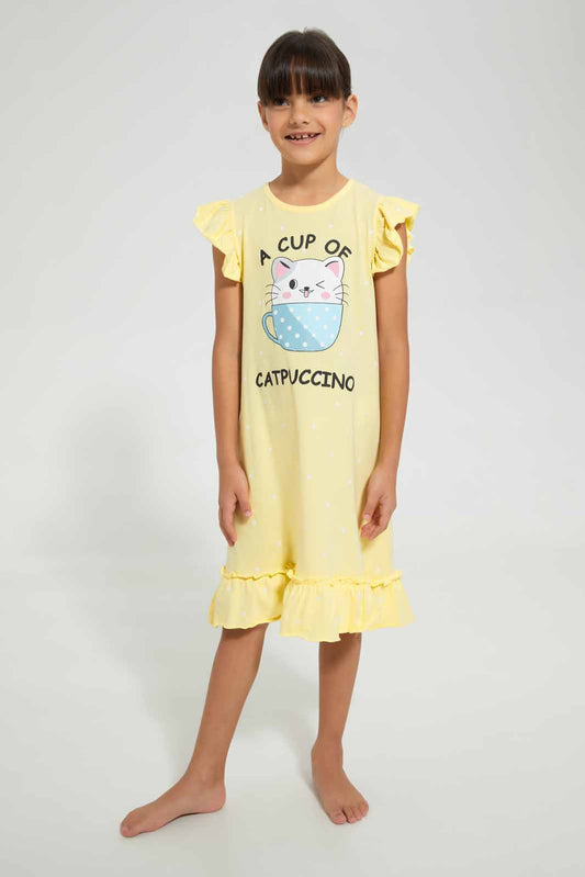 Redtag-Yellow-Aop-Print-Owl-Nightshirt-Nightshirts-Girls-2 to 8 Years