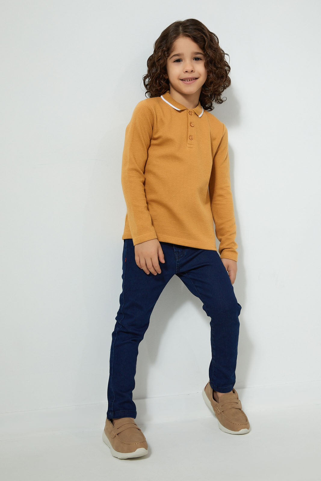 Redtag-Yellow-Ottoman-Long-Sleeve-Polo-Shirt-Polo-Shirts-Boys-2 to 8 Years
